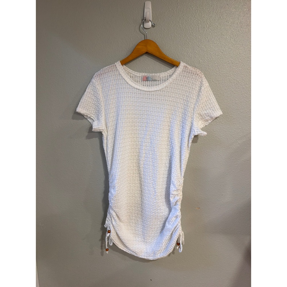 Free People Beach Top Women Lg White Ruched Side Waffle Knit Tunic Coverup Beach